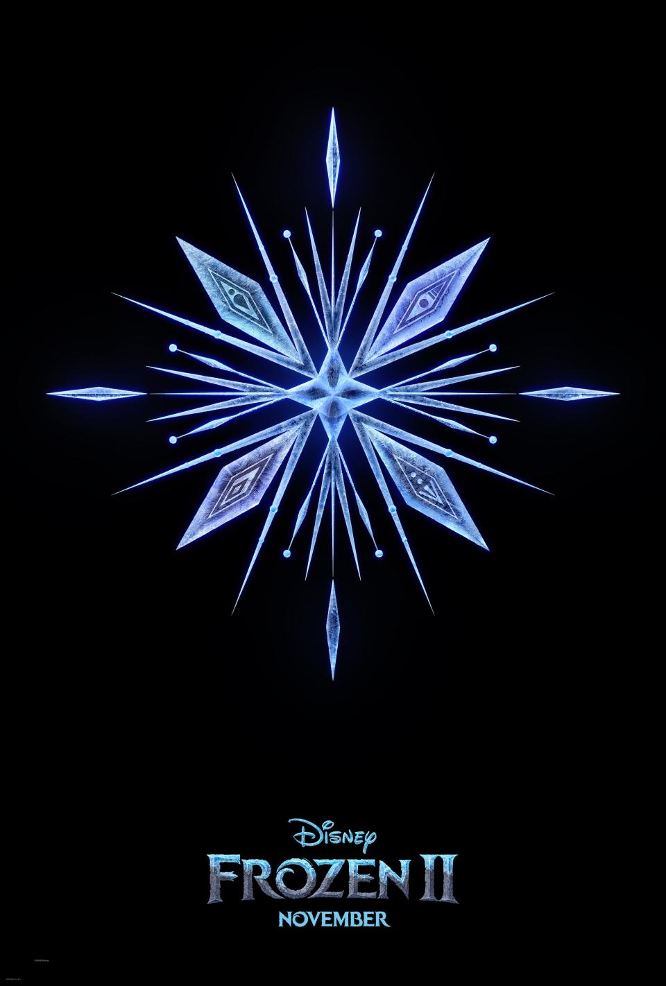 The first poster for <i>Frozen 2</i>. Look closely at the snowflake to see hidden patterns. (Disney)