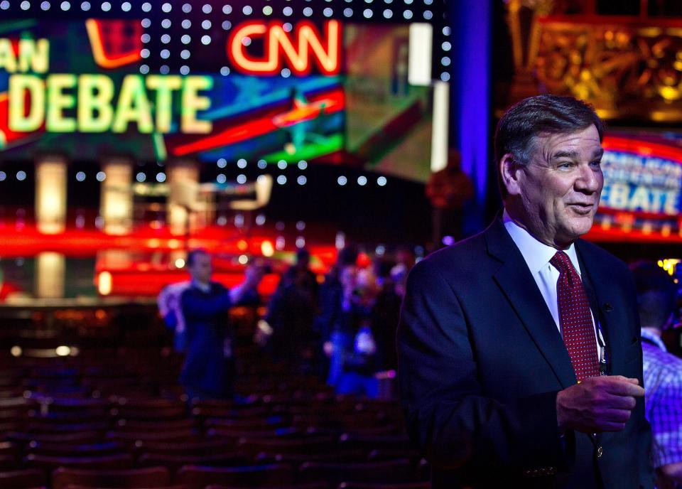 A reporter addresses the camera&nbsp;as the stage is set for the fifth Republican presidential debate in Las Vegas, Nevada.