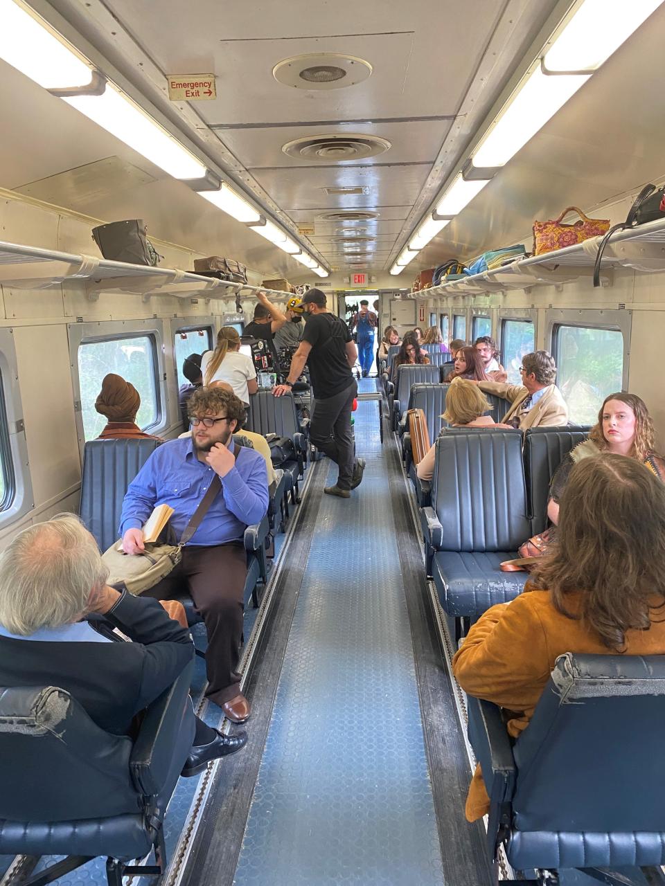 Actors inside of a Cuyahoga Valley Scenic Railroad car wait for filming of "A man called Otto" to start.