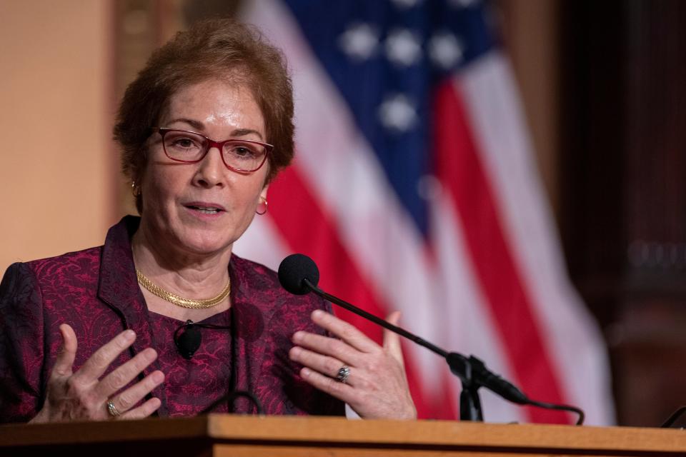 Marie Yovanovitch speaks during a ceremony awarding her the Trainor Award for ‘Excellence in the Conduct of Diplomacy' at Georgetown University on 12 February 2020 in Washington, DC (Getty Images)