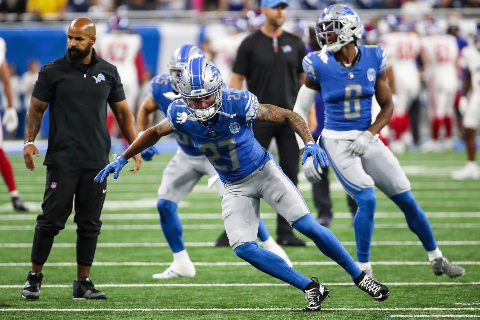 Lions cornerback Chase Lucas warms up before a preseason game against the Giants at Ford Field on Friday, Aug. 11, 2023.