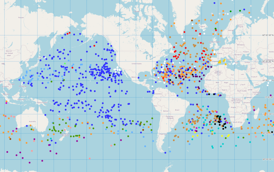 Over 1,100 drifters are currently operating around the world. The U.S. (blue dots) operates over 430 of them. France (orange) has about 200. Each typically lasts about a year. <a href="https://www.aoml.noaa.gov/phod/gdp/interactive/drifter_array.html" rel="nofollow noopener" target="_blank" data-ylk="slk:NOAA;elm:context_link;itc:0;sec:content-canvas" class="link ">NOAA</a>