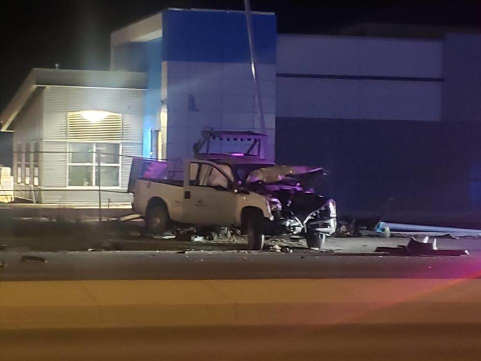 Regina Police Service say a 39-year-old man is awaiting his first court appearance after speeding through Regina after midnight on Saturday in a stolen City of Regina truck, leading to a serious crash. (Ethan Williams/CBC - image credit)