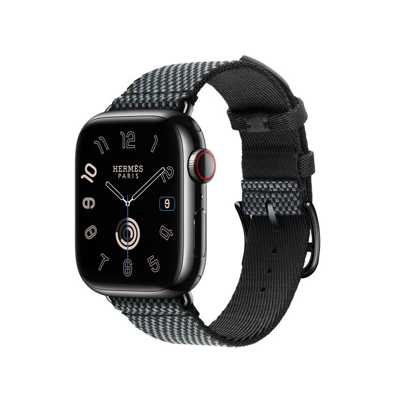 APPLE WATCH HERMES 9系列_41mm 太空黑色不銹鋼錶殼_丹寧色配黑色尼龍編織 Toile H 單圈錶款_ NT$ 40,900