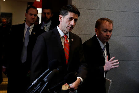 Speaker of the House Paul Ryan and Office of Management and Budget director Mick Mulvaney arrive for a meeting about the American Health Care Act on Capitol Hill in Washington, D.C., U.S. March 23, 2017. REUTERS/Aaron P. Bernstein