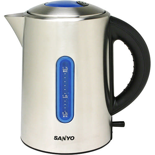 The handy see-through panel lets you know exactly how much water you have. Sanyo 7-Cup Stainless Steel Electric Kettle, $49.99, walmart.com