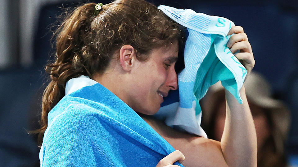 Johanna Konta of Great Britain reacts as she leaves the court after retiring with an injury in her first round match against Kaja Juvan of Slovenia. (Photo by Matt King/Getty Images)