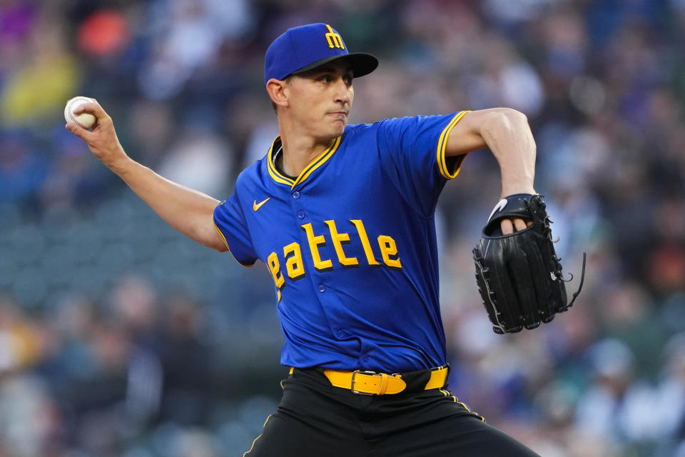 Seattle Mariners starting pitcher George Kirby throws against the Boston Red Sox during the first inning of a baseball game Friday, March 29, 2024, in Seattle. (AP Photo/Lindsey Wasson)