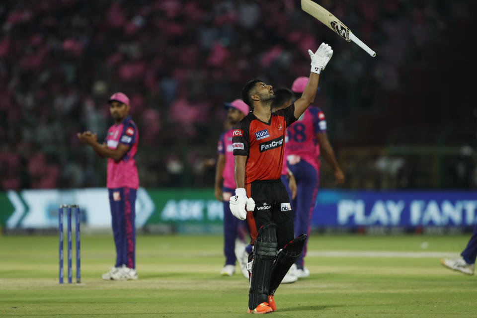 Sunrisers Hyderabad's Rahul Tripathi reacts after losing his wicket during the Indian Premier League cricket match between Rajasthan Royals and Sunrisers Hyderabad in Jaipur, India, Sunday, May 7, 2023. (AP Photo/Surjeet Yadav)