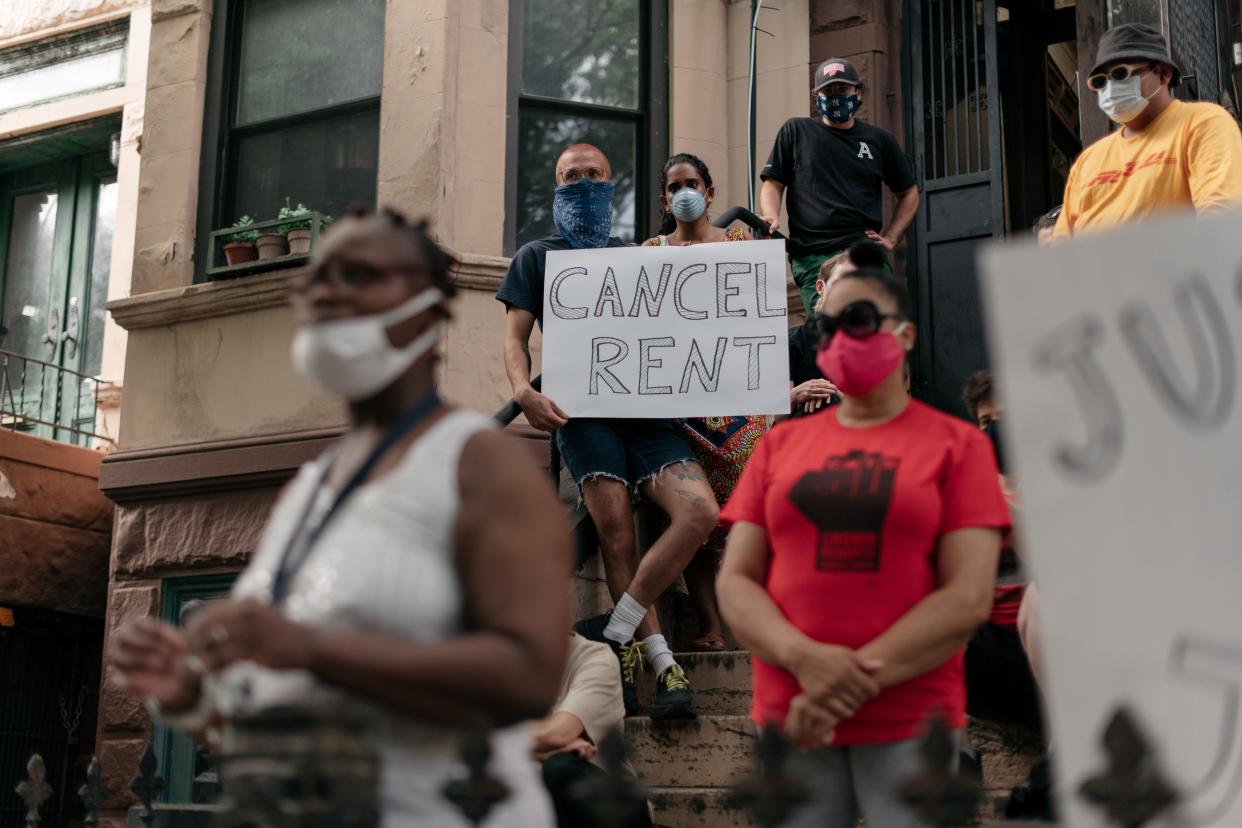 Housing activists gather to protest alleged tenant harassment by a landlord and call for the cancellation of rent in the Crown Heights neighborhood in Brooklyn, New York.