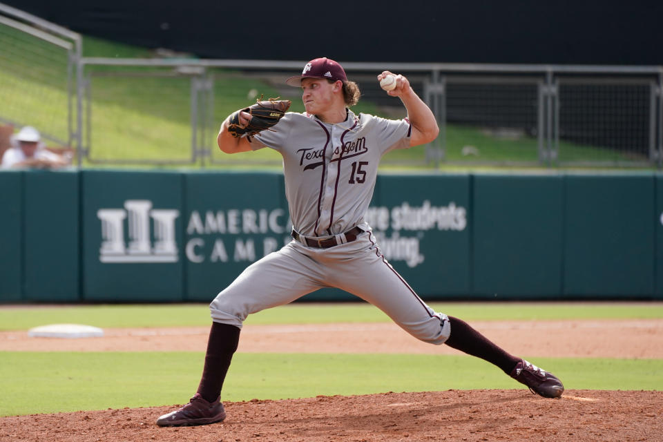 Jun 11, 2022; College Station, TX; Texas A&M Aggies pitcher Will Johnston (15) delivers a pitch during the fifth inning against Louisville Cardinals at Olsen Field at Blue Bell Park. Chris Jones-USA TODAY Sports