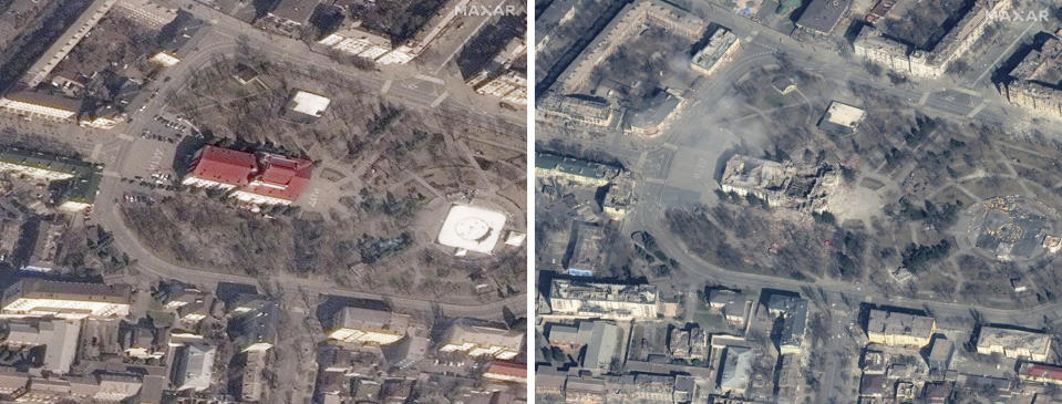 This combination of photos provided by Maxar Technologies shows the Donetsk Academic Regional Drama Theatre in Mariupol, Ukraine, on March 14, 2022, left, before the Russian bombing and after on March 29. The bombing occurred on March 16 and stands out as the single deadliest known attack against civilians to date in the war in Ukraine. (Satellite image ©2022 Maxar Technologies via AP)