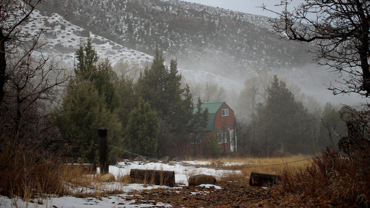 Cabin in the Woods on a cold winter day.