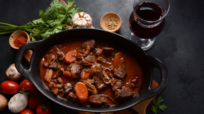 beef bourginon with wine and ingredients