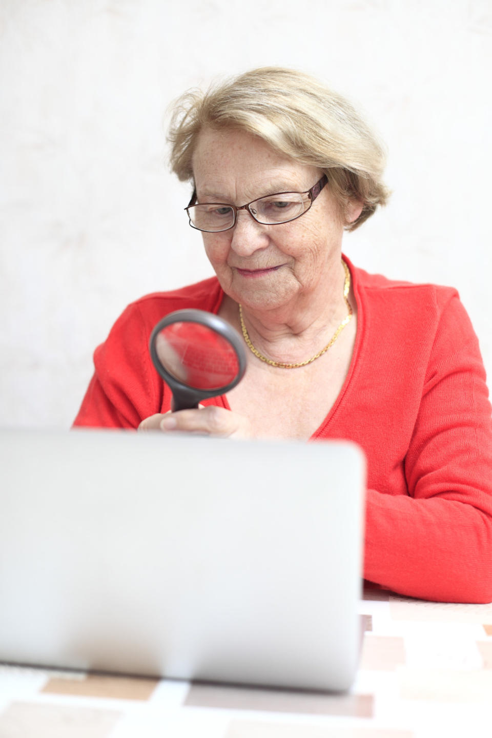 An old woman looks at a computer through a magnifying glass