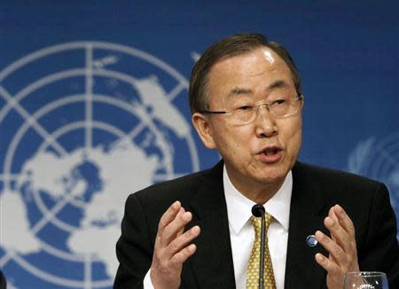 United Nations Secretary-General Ban Ki-moon (R) holds a joint news conference with UN-Arab League Envoy to Syria Lakhdar Brahimi (not pictured) in Montreux January 22, 2014. REUTERS/Gary Cameron