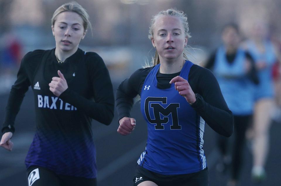 Collins-Maxwell's Jayden Peters takes the lead during 800-meter run in the Colo-Nesco Dave Robinson Relays co-ed track meet on Friday April. 12, 2024, in Nevada, Iowa.
