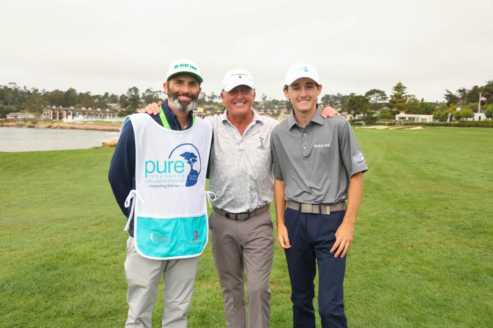 DJ Waller of St. Augustine (right) played with Fred Funk (center) in the PGA Tour Champions Pure Insurance Championship last week at Pebble Beach, Calif. On the left is Waller's father Donald, who served as his caddie.