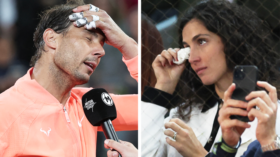 Rafa Nadal (pictured left) was given a telling farewell at the Madrid Open as he waved goodbye to the crowd as his sister and wife Maria Francisca Perello (pictured right) were in tears. (Images: Getty Images/TennisTV)