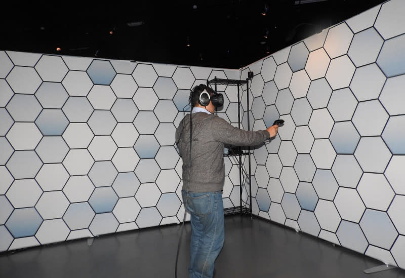 Dean Takahashi plays with the HTC Vive Pre VR headset.