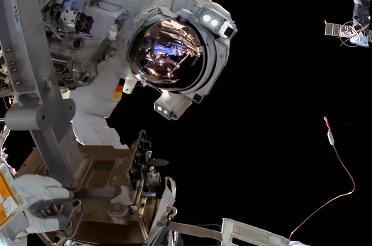  European astronaut Matthias Maurer, as seen from the helmet cam worn by NASA astronaut Raja Chari during a spacewalk outside the International Space Station on March 23, 2022. 