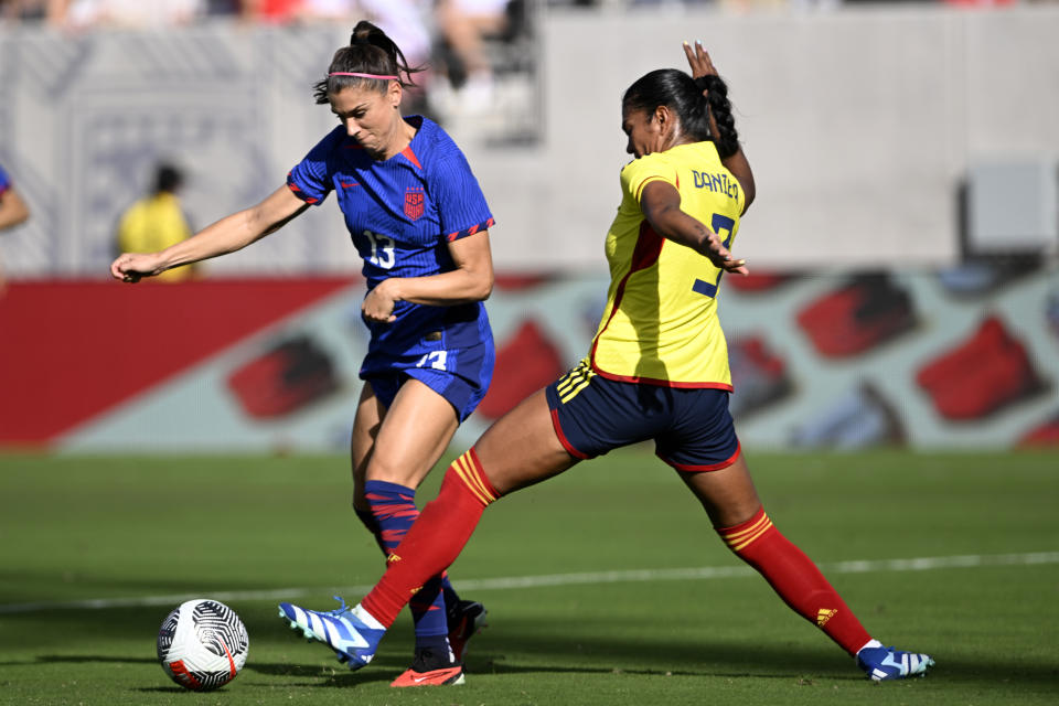 Colombia defender Daniela Arias, right, stops United States forward Alex Morgan from advancing during the first half of an international friendly soccer match Sunday, Oct. 29, 2023, in San Diego. (AP Photo/Alex Gallardo)