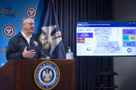 Louisiana Gov. John Bel Edwards speaks at his briefing of media members on the state's current situation dealing with the novel coronavirus COVID-19 public health threat, Wednesday, April 15, 2020 at the Governor's Office of Homeland Security & Emergency Management in Baton Rouge, La. Louisiana COVID-19 numbers, at right, include 21,951 total cases reported, and 1,103 deaths as of Wednesday. (Travis Spradling/The Advocate via AP, Pool)