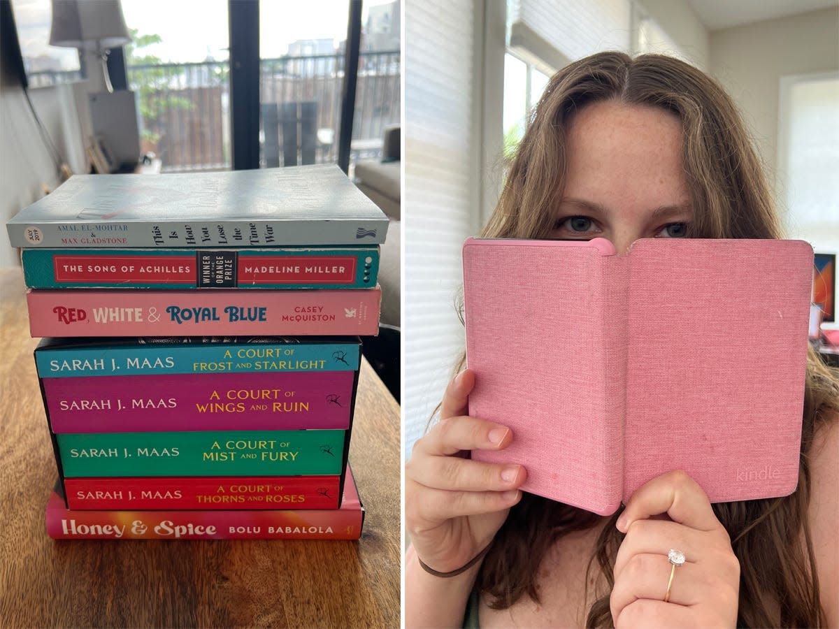 A side-by-side of a stack of books and a woman holding a Kindle.