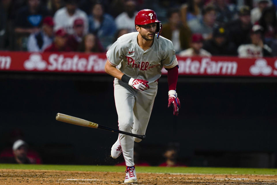 Philadelphia Phillies' Trea Turner runs after hitting a single during the fifth inning of a baseball game against the Los Angeles Angels, Monday, April 29, 2024, in Anaheim, Calif. (AP Photo/Ryan Sun)