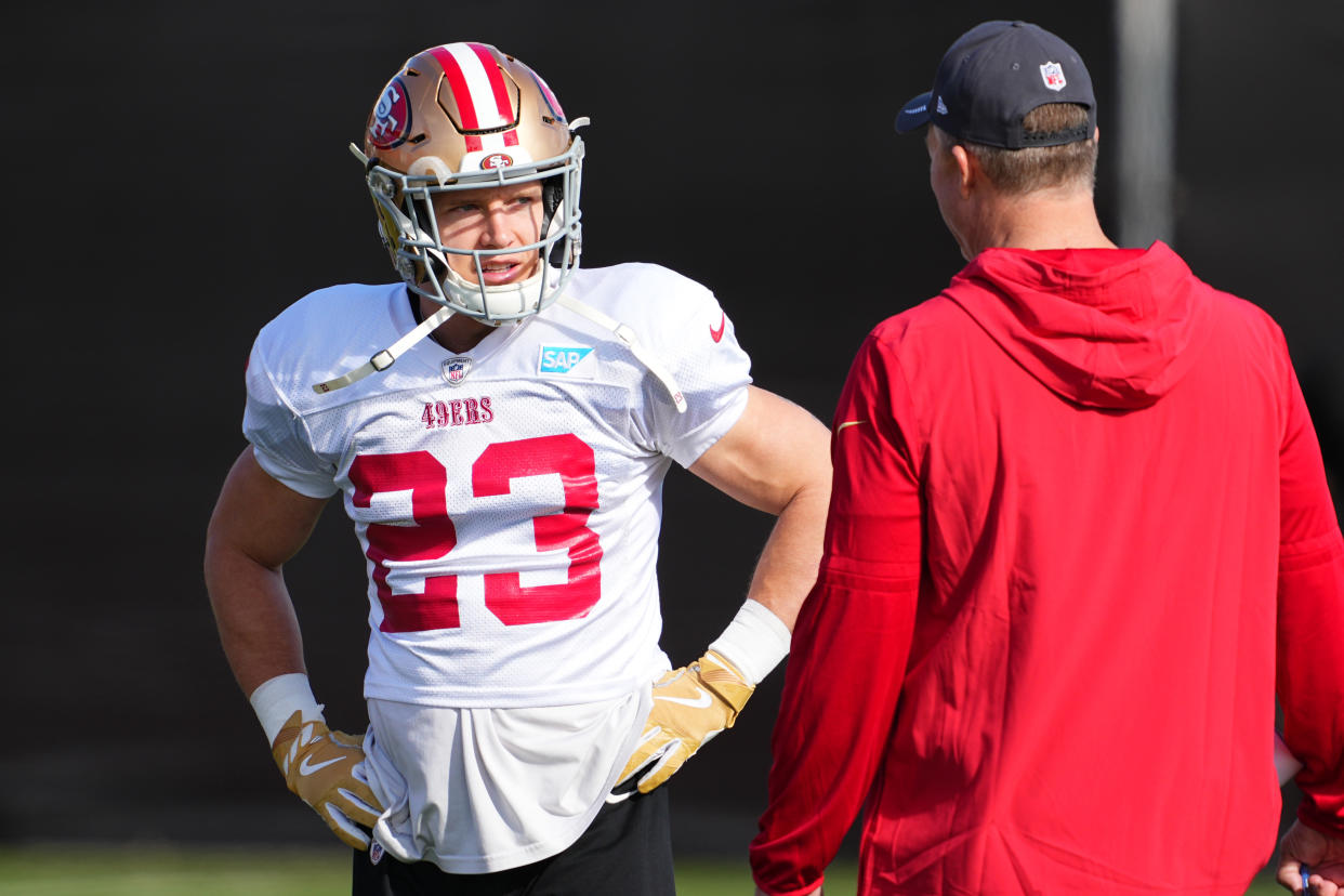 Christian McCaffrey and the 49ers have spent Super Bowl week digging up slights despite being favored by two points against the Chiefs. (Photo by Chris Unger/Getty Images)