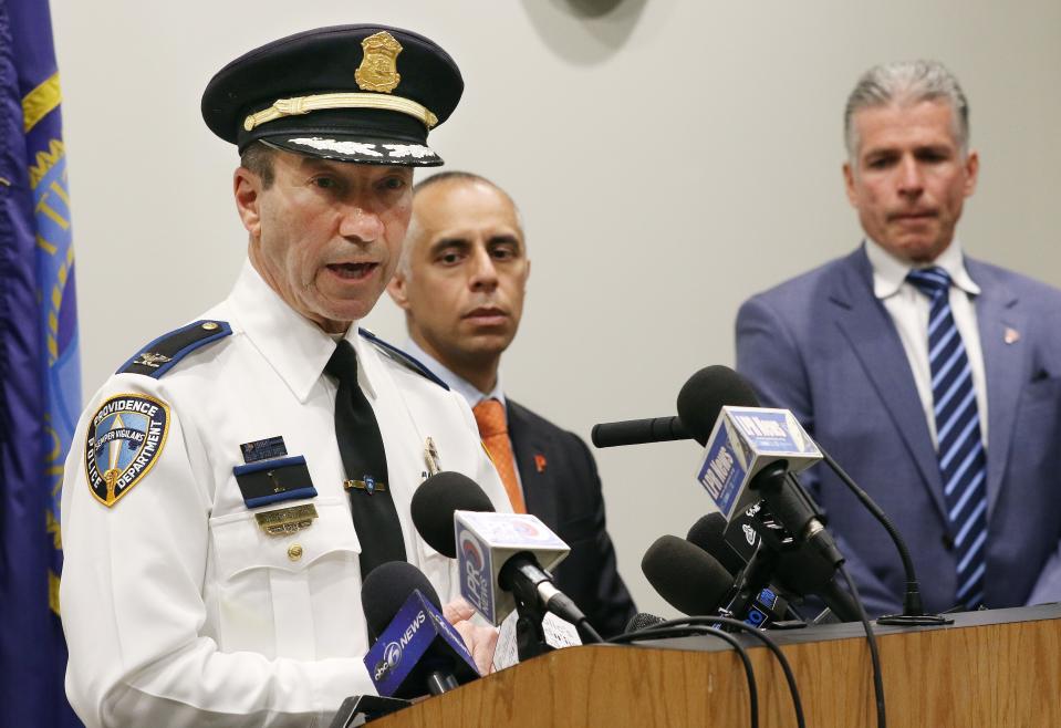 FILE, Providence, RI, May 17, 2021 - 

Providence Chief of Police Col. Hugh Clements, Jr.,  Mayor Jorge Elorza and Public safety Commissioner Steven Pare speak during a press conference at the Public Safety Complex