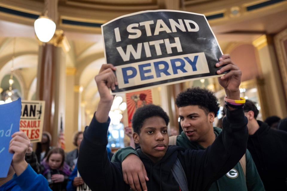 Students and supporters gather in the rotunda to protest gun violence during the opening day of the Iowa Legislature (Copyright 2024 The Associated Press. All rights reserved)