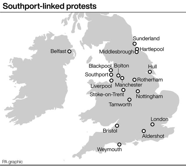 A graphic showing Southport-linked protests