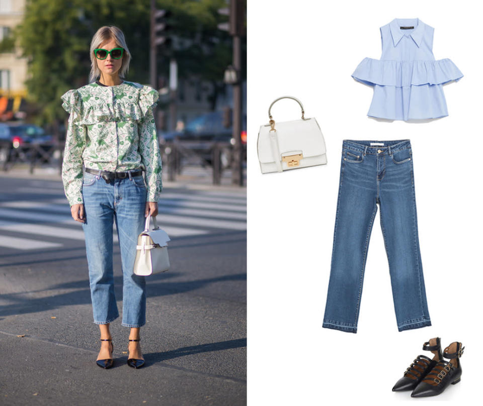 This street styler demonstrates how to wear those ruffle-trimmed blouses without veering into Victorian schoolma’am territory: just add cropped flares and fancy flats.