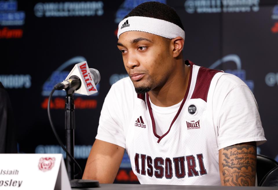 Missouri State guard Isiaih Mosley (1) speaks at a press conference following a loss to Drake during the Missouri Valley Conference Tournament, Saturday, March 5, 2022, at Enterprise Center in St. Louis. 