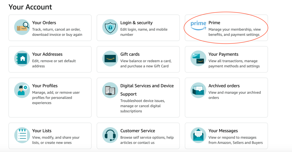 Account options on Prime's website. 