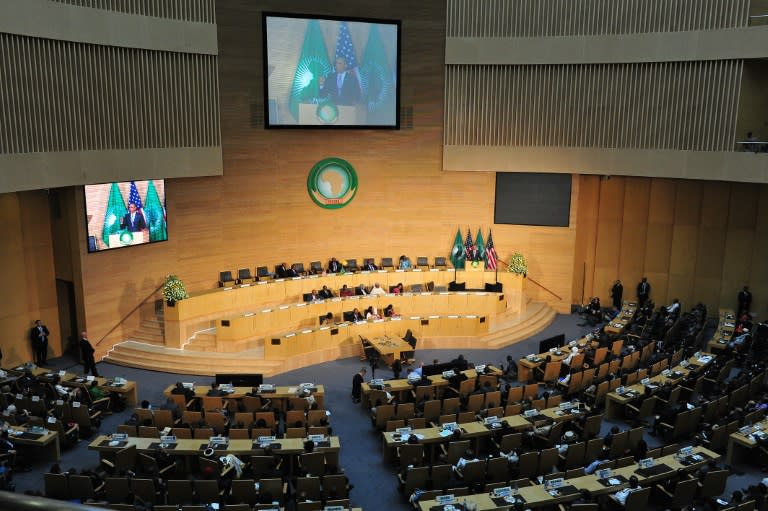 US President Barack Obama (top, right) speaks at the China-built African Union Headquarters in Addis Ababa on July 28, 2015