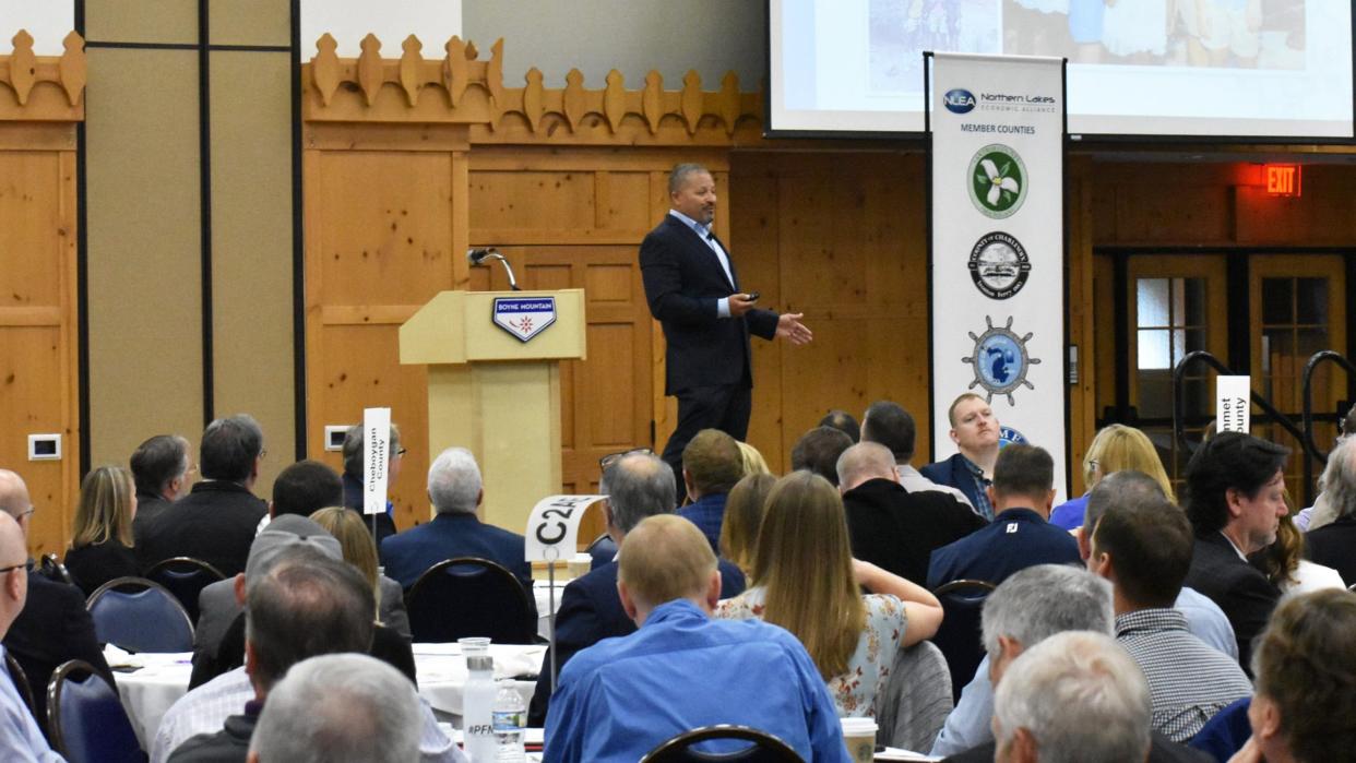 Brian Britton, president and CEO of Kilwins Chocolates Franchise, speaks at the 2024 Northern Lakes Economic Symposium and Showcase on May 17.