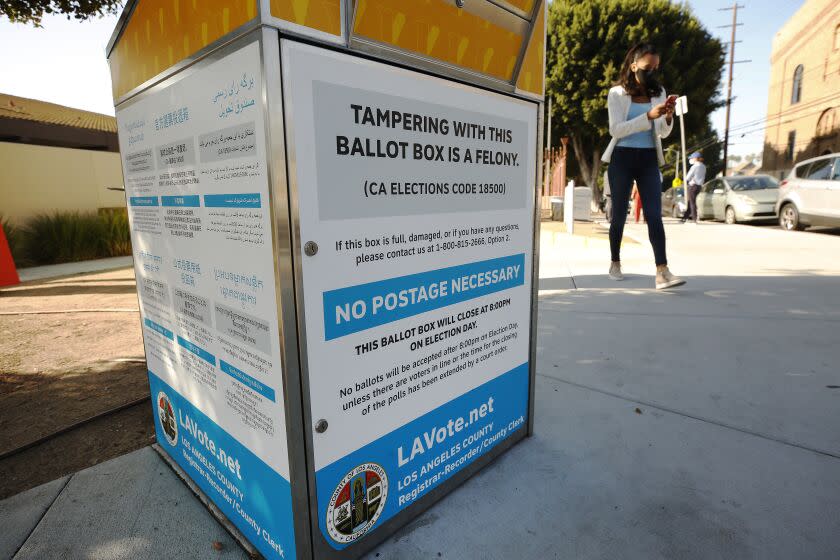 LOS ANGELES, CA - SEPTEMBER 13: Ballot box at Benjamin Franklin Library in the Boyle Heights neighborhood as elected officials held a news conference and rally Monday morning to urge Latinos to vote "no" in the recall effort against Gov. Gavin Newsom. Benjamin Franklin Library, Boyle Heights on Monday, Sept. 13, 2021 in Los Angeles, CA. (Al Seib / Los Angeles Times).