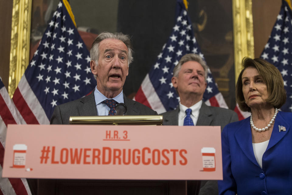 WASHINGTON, DC - OCTOBER 16: Rep. Richard Neal (D-MA) (L) speaks as Rep. Frank Pallone (D-NJ) and House Speaker Nancy Pelosi (D-CA) look on during a news conference discussing H.R. 3, the Lower Drug Costs Now Act, on Capitol Hill on October 16, 2019 in Washington, DC. The bill aims to end the ban on Medicare negotiating directly with drug companies, and reinvest in innovation medical treatment.  (Photo by Zach Gibson/Getty Images)