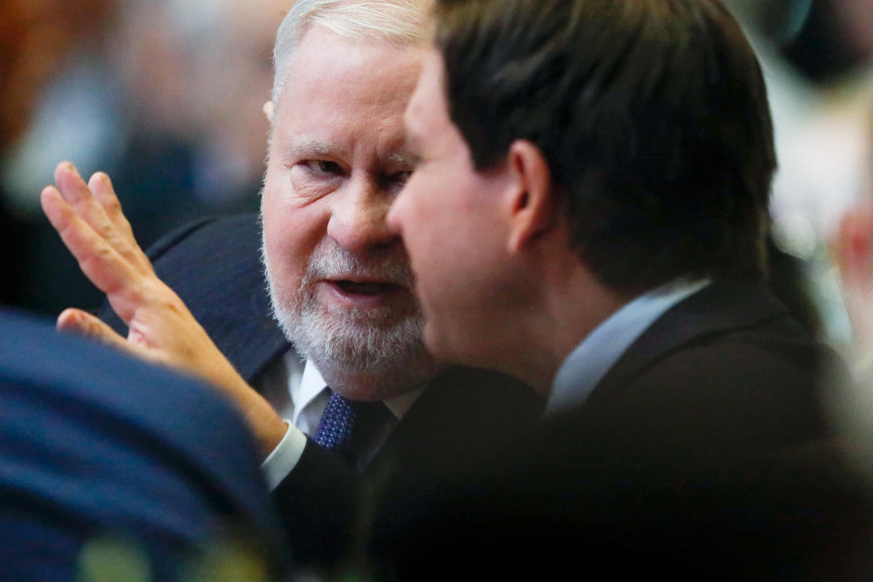 Hillsdale College President Dr. Larry Arnn with Florida Gov. Ron DeSantis before he speaks at the college on April 6, 2023. (Chris duMond / Getty Images)