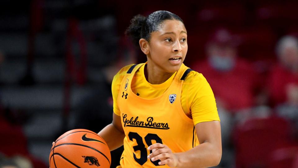 California guard Jayda Curry (30) against Arkansas during an NCAA basketball game on Sunday, Dec. 5, 2021, in Fayetteville, Ark. (AP Photo/Michael Woods).