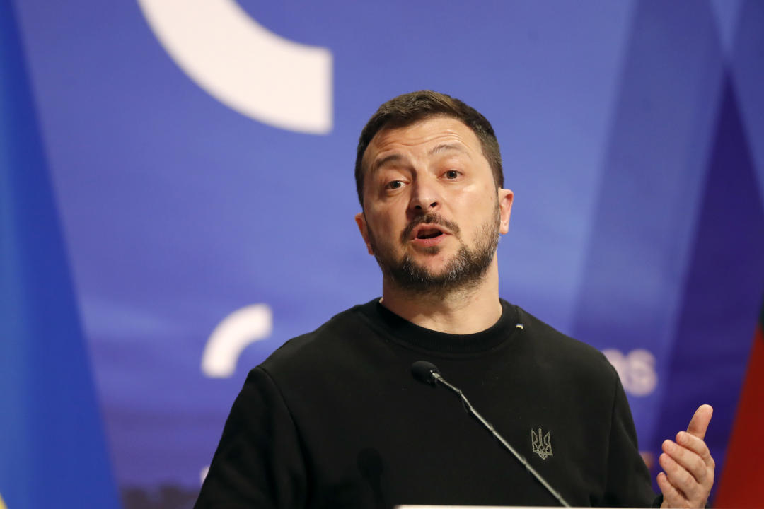 Ukraine's President Volodymyr Zelenskyy addresses a media conference at the Palace of the Grand Dukes of Lithuania during the Three Seas Initiative Summit and Business Forum in Vilnius, Thursday, April 11, 2024. (AP Photo/Mindaugas Kulbis)