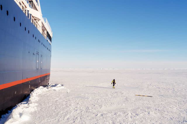 <p>Carol Sachs</p> Le Commandant Charcot in Antarctica’s Prince Gustav Channel. The Polar Class 2 ship can slice through ice up to 10 feet thick.