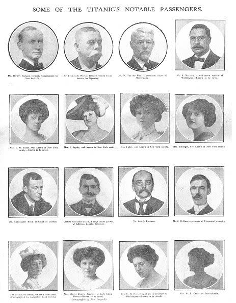 Some of the Titanic's Notable Passengers', April 20, 1912. Photographs of well-to-do passengers, some 'known to be saved'. The White Star Line ship RMS 'Titanic' struck an iceberg in thick fog off Newfoundland on 14 April 1912. She was the largest and most luxurious ocean liner of her time, and thought to be unsinkable. In the collision, five of her watertight compartments were compromised and she sank. Out of the 2228 people on board, only 705 survived. A major cause of the loss of life was the insufficient number of lifeboats she carried. Page 5, from 