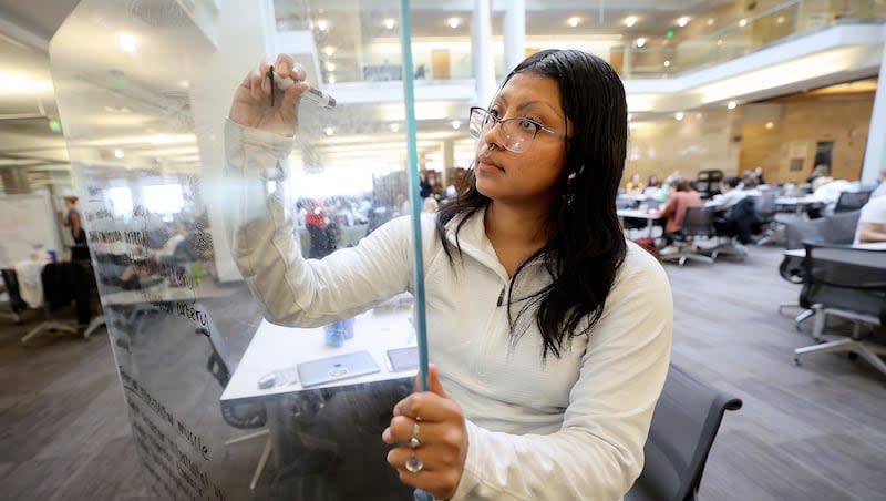 University of Utah student Emely Sanchez, who has federal student aid, studies for anatomy at the J. Willard Marriott Library at the University of Utah in Salt Lake City on Wednesday, March 13, 2024.