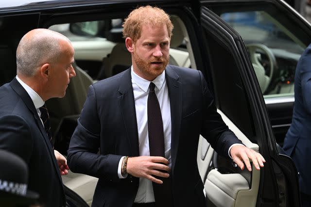 <p>Leon Neal/Getty Images</p> Prince Harry arrives at tge Royal Courts of Justice in June 2023