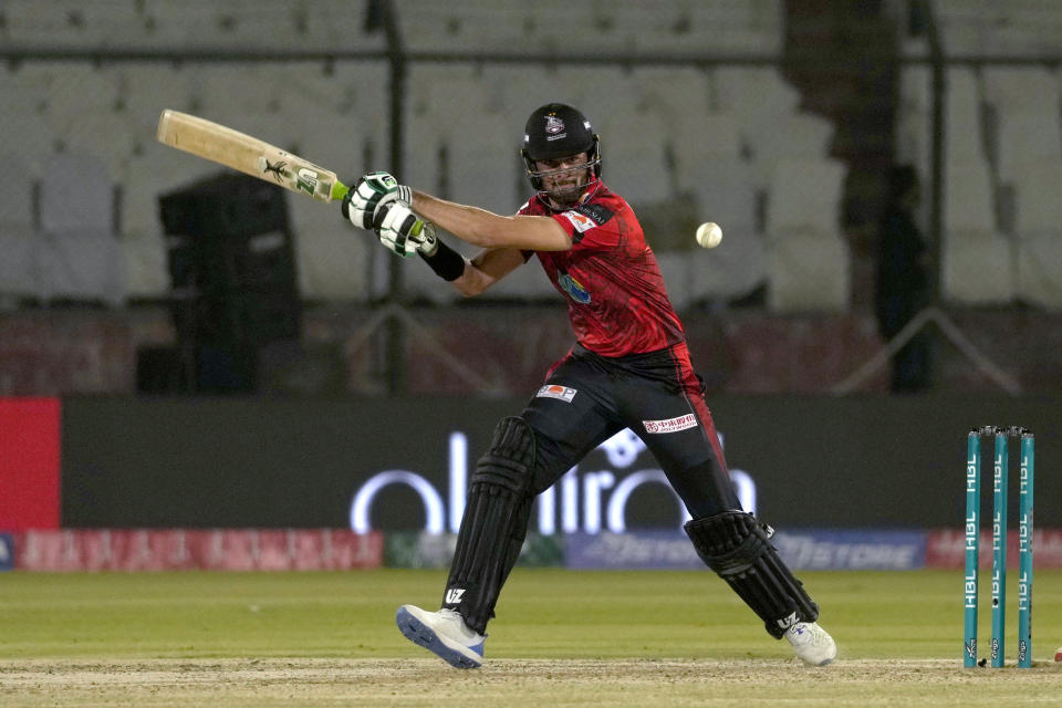 Lahore Qalandars' Shaheen Shah Afridi plays a shot during the Pakistan Super League T20 cricket match between Lahore Qalandars and Quetta Gladiators, in Karachi, Pakistan, Sunday, March 10, 2024. (AP Photo/Fareed Khan)