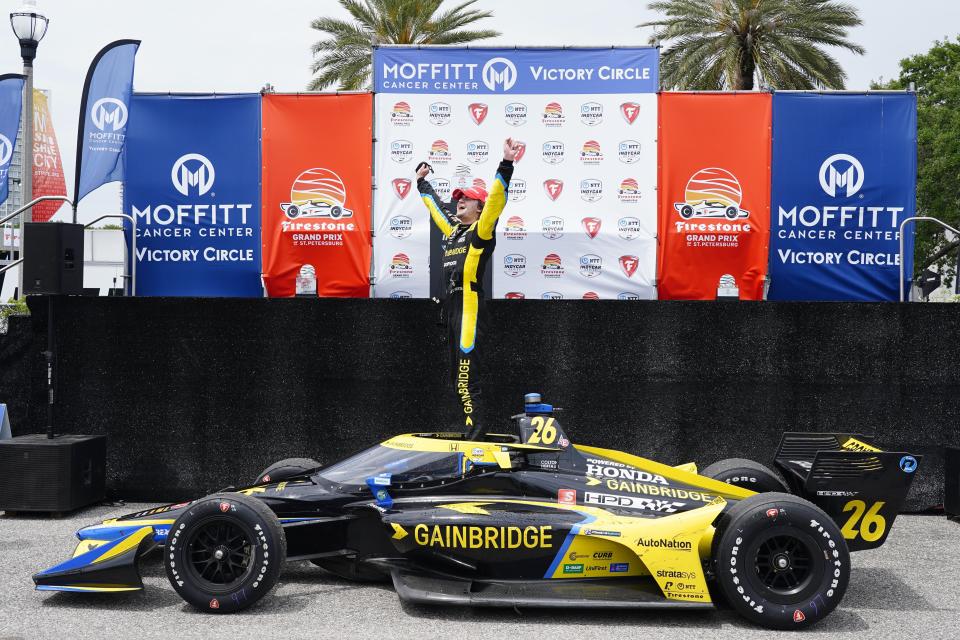 IndyCar driver Colton Herta celebrates after winning the Grand Prix of St. Petersburg, Sunday, April 25, 2021 in St. Petersburg, Fla. (Luis Santana/Tampa Bay Times via AP)