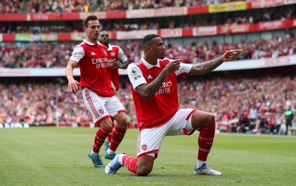 Gabriel of Arsenal celebrates scoring his goal with Cedric Soares during the Premier League match between Arsenal and Everton - GETTY IMAGES